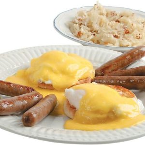 Sausage and Benedict Eggs on a Plate Food Picture