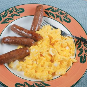 Scrambled Eggs and Sausage Links on a Plate Food Picture