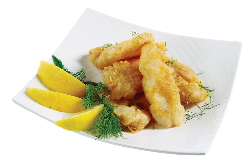 Golden Fried Fish with Lemon and Garnish on White Plate Food Picture