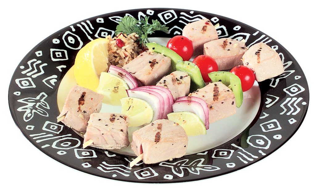 Fish Kabobs on Black and White Plate Food Picture