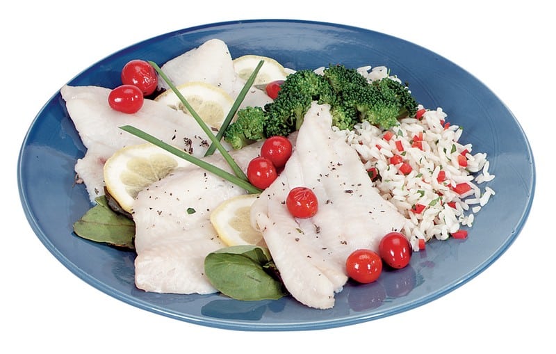 Flounder Fillet with Rice and Veggie Garnish on Blue Plate Food Picture