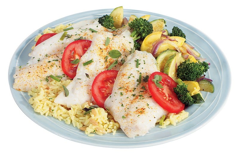 Flounder Fillet with Rice and Veggies on Light Blue Plate Food Picture