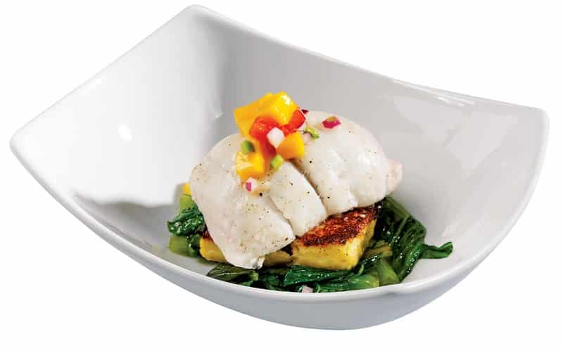 Flounder Fillet with Polenta and Veggies in White Dish Food Picture