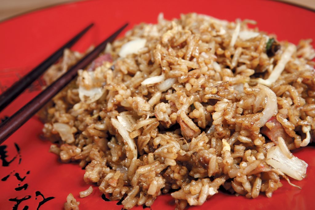 Fried Rice on Red Plate with Chopsticks Food Picture