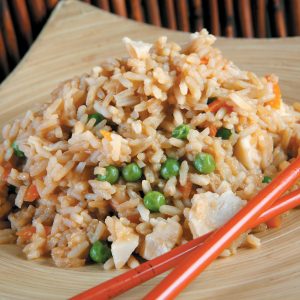 Fried Rice on Wooden Plate with Orange Chopsticks Food Picture