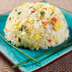 Fried Rice with Garnish on Teal Plate Food Picture