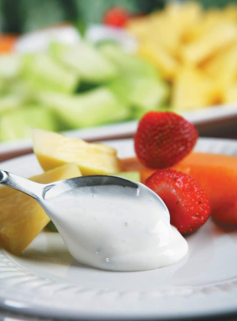 Fruit Salad with Dip on White Plate Food Picture