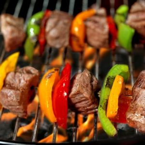 Beef Steak Kebabs with Fresh Peppers on Charcoal Grill Food Picture