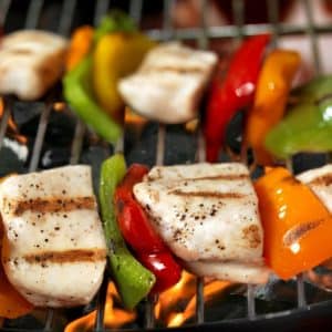 Seasoned Chicken Breast and Fresh Rainbow Pepper Kebabs on Grill Food Picture