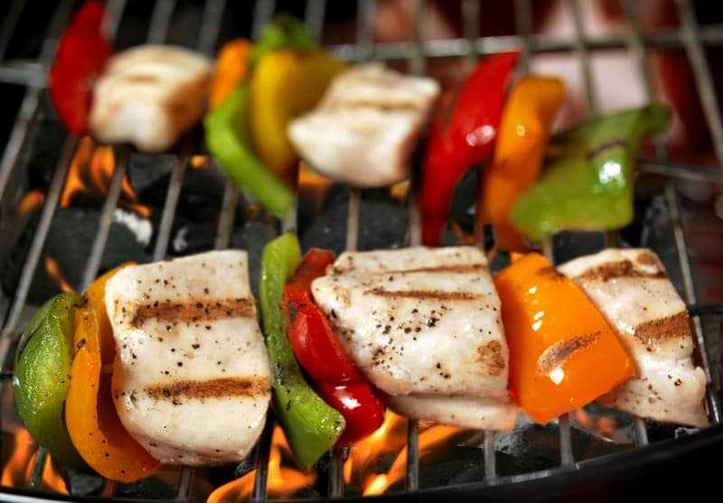 Seasoned Chicken Breast and Fresh Rainbow Pepper Kebabs on Grill Food Picture
