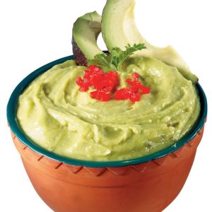 Guacamole with Garnish and Sliced Avocado in Clay Bowl Food Picture