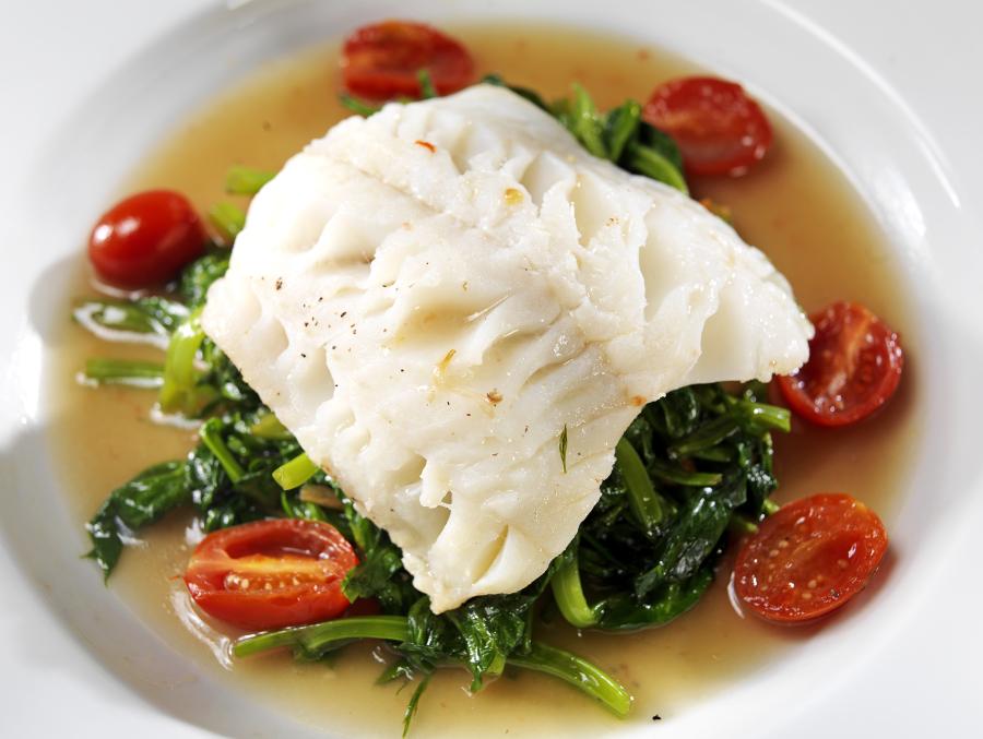 Flaky Baked Halibut with Spinach and Grape Tomatoes Food Picture
