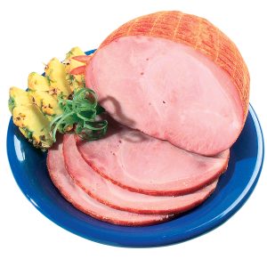 Boneless Ham with Garnish on Blue Plate Food Picture