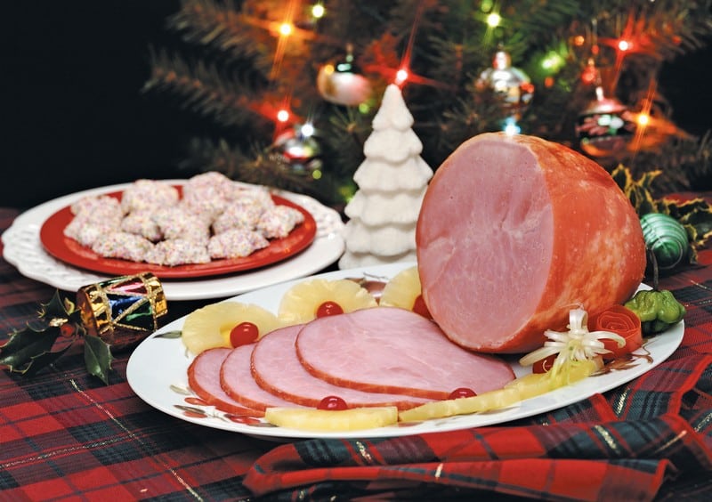 Christmas Ham with Pineapple Garnish on White Plate Food Picture