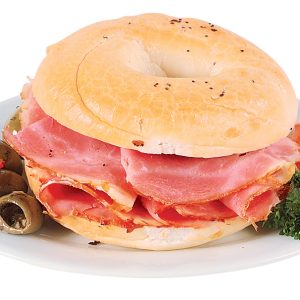 Ham Sandwich on Bagel on White Plate Food Picture