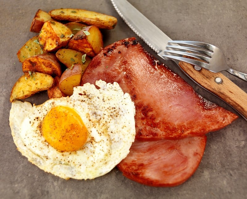 Ham Steak with a Sunny Side Up Egg and Hash Breakfast Food Picture