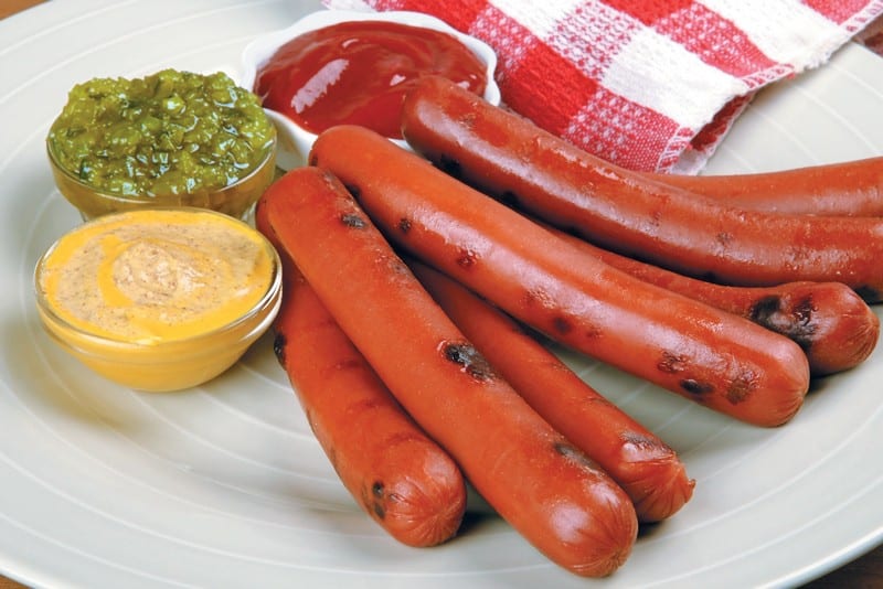 Hot Dogs with Dipping Sauces on White Plate Food Picture