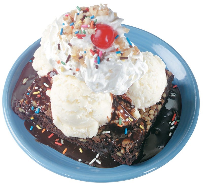Ice Cream Fudge Brownie with Whipped Cream, Sprinkles, and Cherry Food Picture