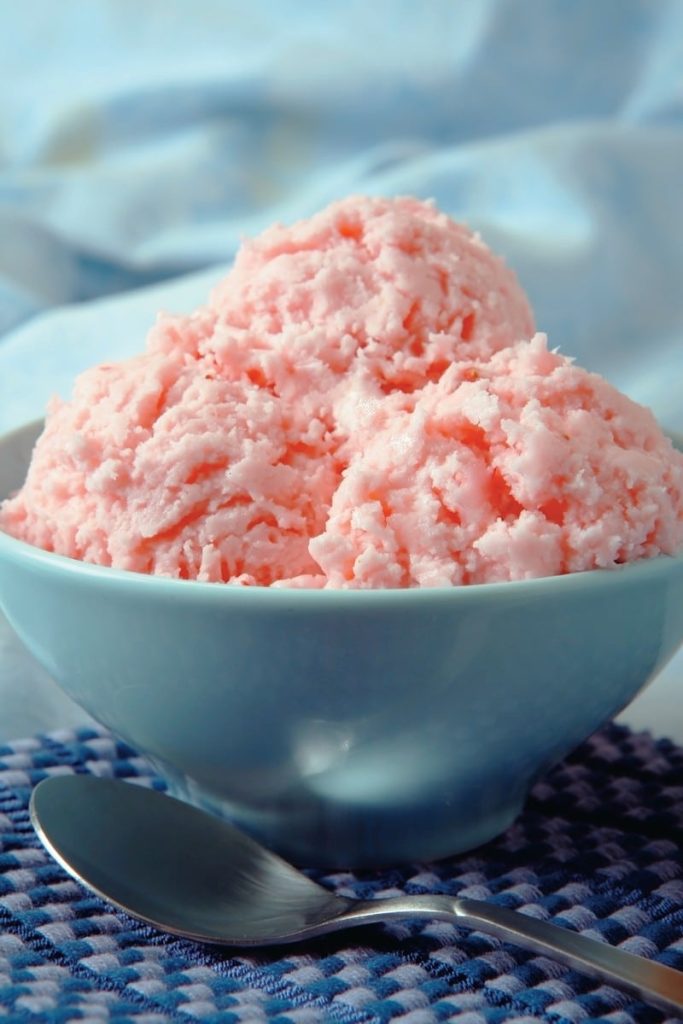 Strawberry Ice Cream in Light Blue Bowl Food Picture