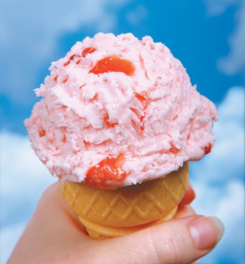 Strawberry Ice Cream in Cone, Close Up Food Picture