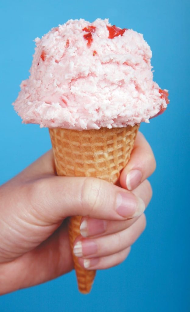 Strawberry Ice Cream in Cone on Blue Background Food Picture
