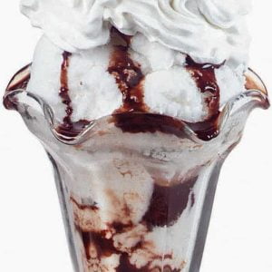 Ice Cream Sundae in Clear Dish with Sprinkles, Fudge, and Cherry Food Picture