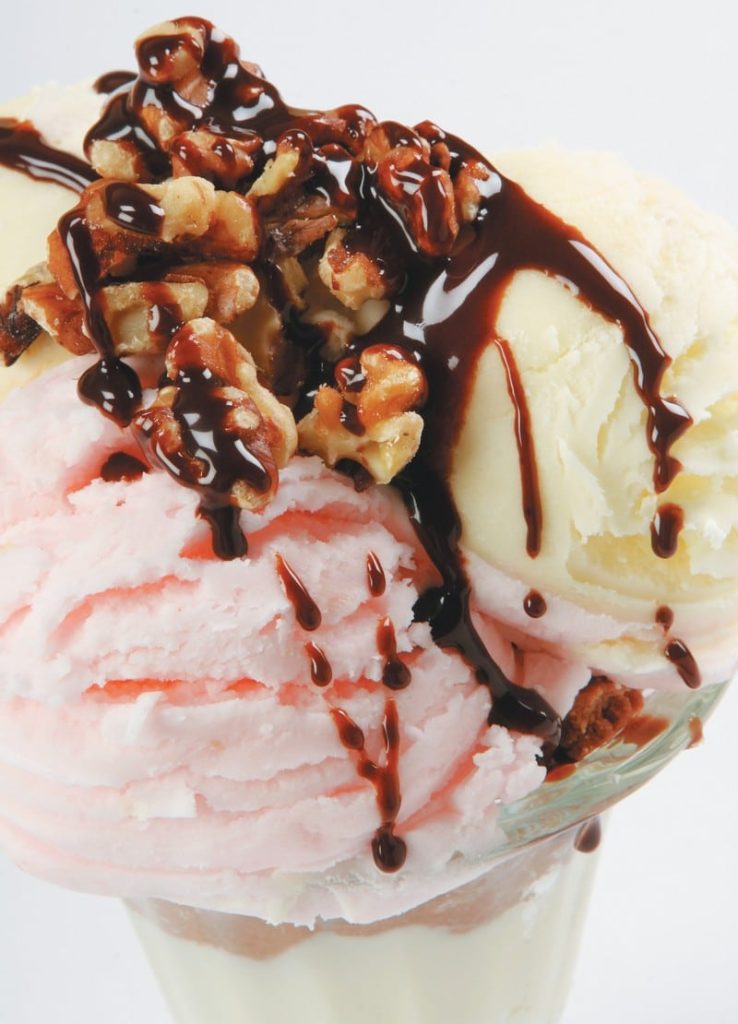 Ice Cream Sundae with Hot Fudge and Nuts Close Up Food Picture