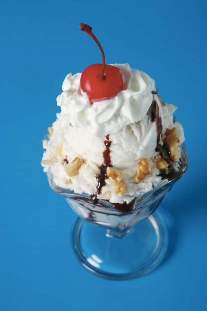 Ice Cream Sundae in Clear Dish with Whipped Cream and Cherry Food Picture