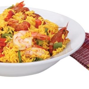 Jambalaya in White Bowl with Fork and Napkin Food Picture