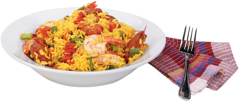 Jambalaya in White Bowl with Fork and Napkin Food Picture