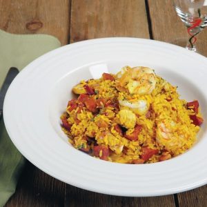 Jambalaya in White Bowl on Wooden Surface Food Picture