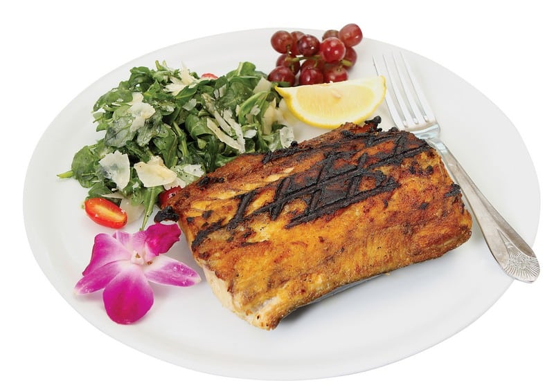 Grilled King Fish Fillet with Side Salad on White Plate Food Picture