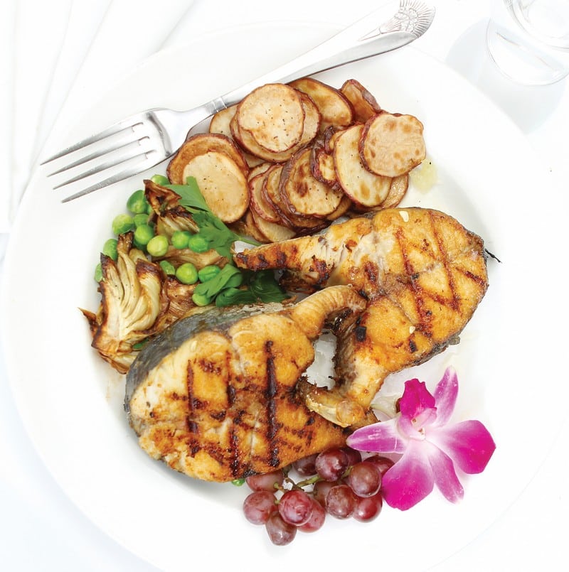 Grilled King Fish Steak with Garnish on White Plate Food Picture
