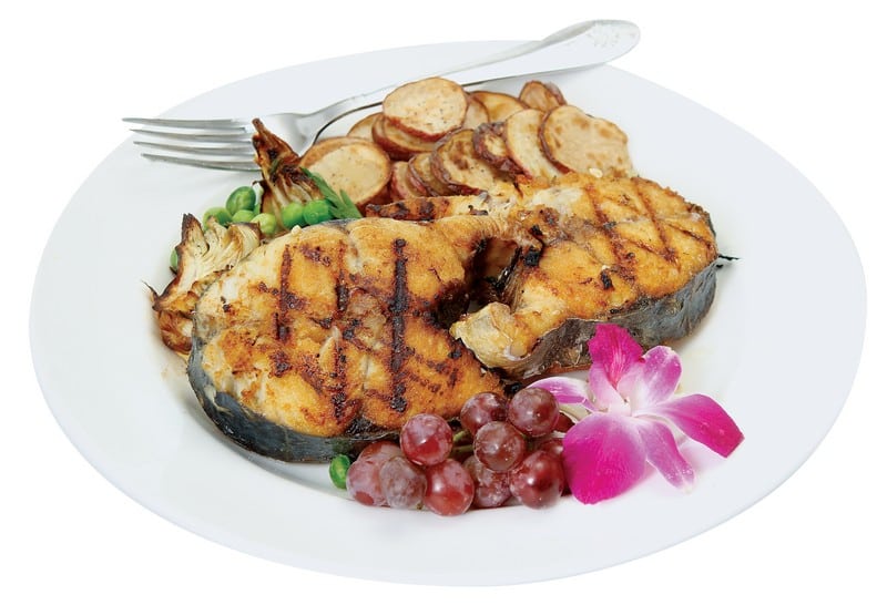 Grilled King Fish Steaks with Garnish on White Plate with Fork Food Picture
