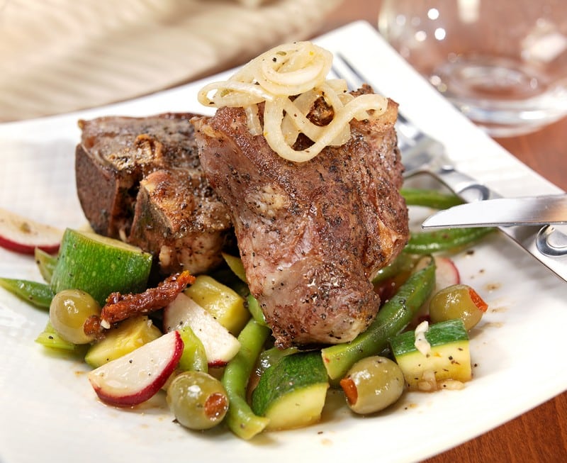 Plate of Cooked Lamb Chops over Mixed Vegetables Food Picture