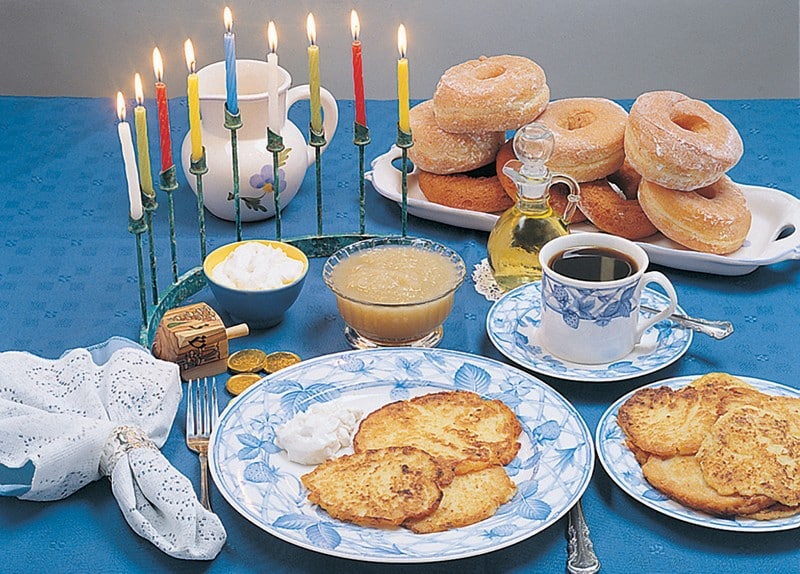 Latke Dinner on Blue Tablecloth with Candles Food Picture