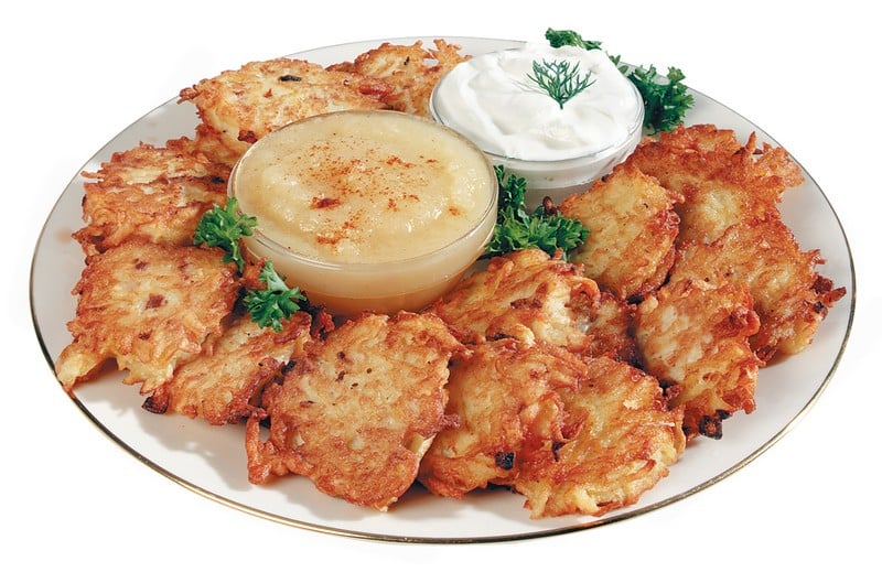 Latke Potato with Dipping Sauce on White Plate Food Picture