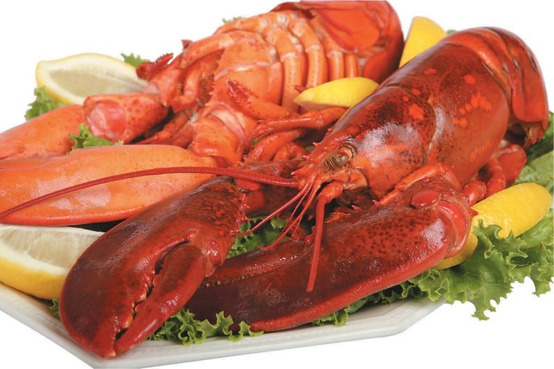 Two Cooked Lobsters Over Lettuce on Plate with Lemon Slices Food Picture