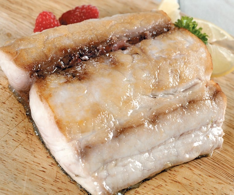 Cooked Mahimahi with Fruit on Wooden Board Food Picture