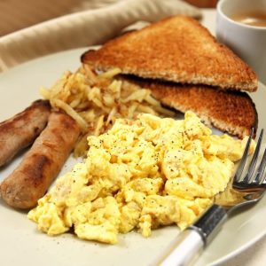 Scrambled Eggs, Hash Browns, Sausage Links and Toast Breakfast Food Picture