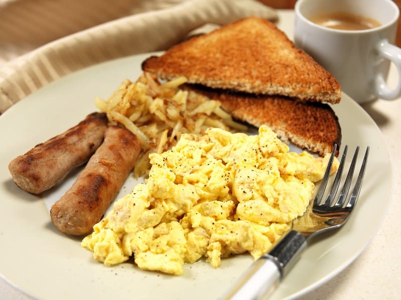 Scrambled Eggs, Hash Browns, Sausage Links and Toast Breakfast Food Picture