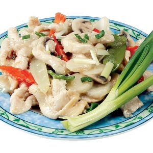 Moo Goo Gai Pan on Blue and Green Plate with Garnish Food Picture