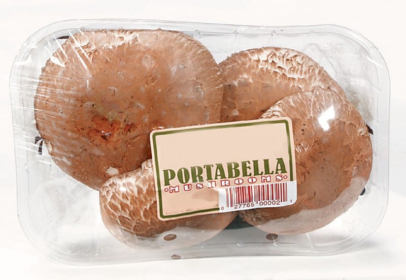 Portabella mushrooms in clear package with label Food Picture