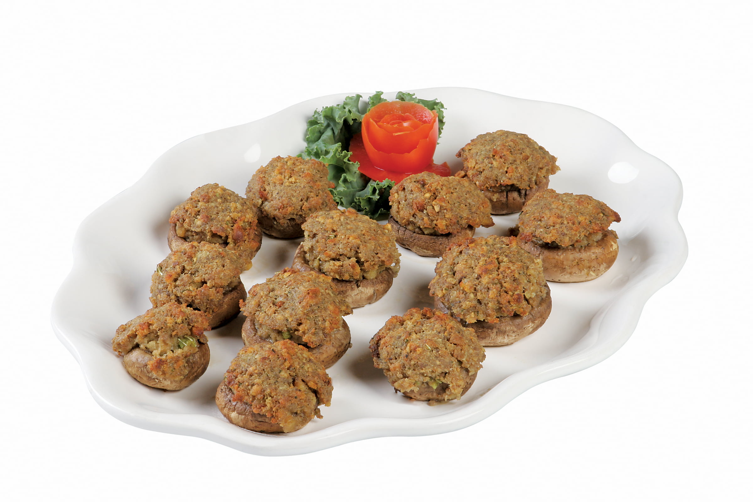 Stuffed mushrooms on white plate with garnish Food Picture