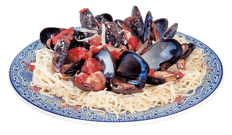 Mussels over Pasta on Decorative Plate Food Picture