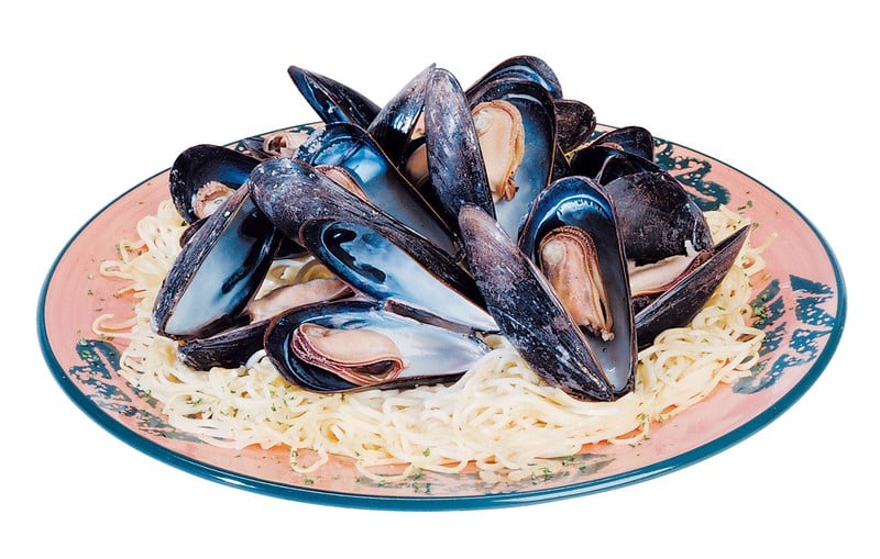 Mussels over Pasta on Plate Food Picture