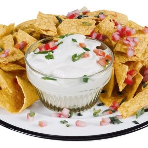 Nacho Sour Cream on White Plate with Black Rim Food Picture