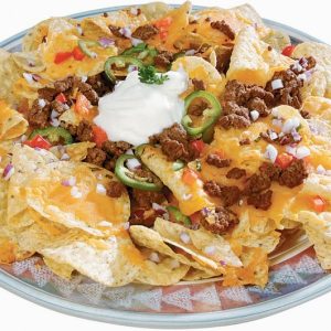 Nachos and Cheese on a Plate with Meat and Peppers Food Picture