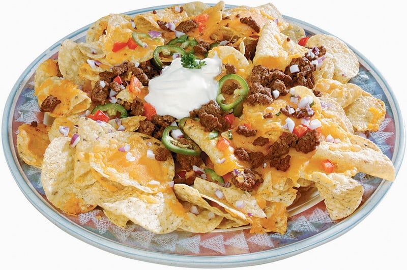 Nachos and Cheese on a Plate with Meat and Peppers Food Picture