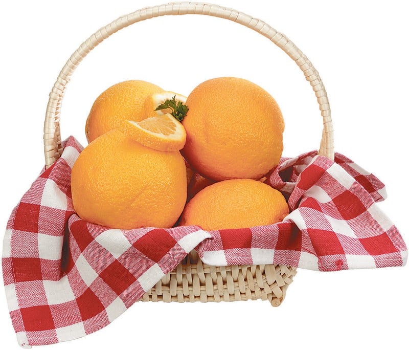 Naval Oranges in Basket with Picnic Cloth Inside Food Picture